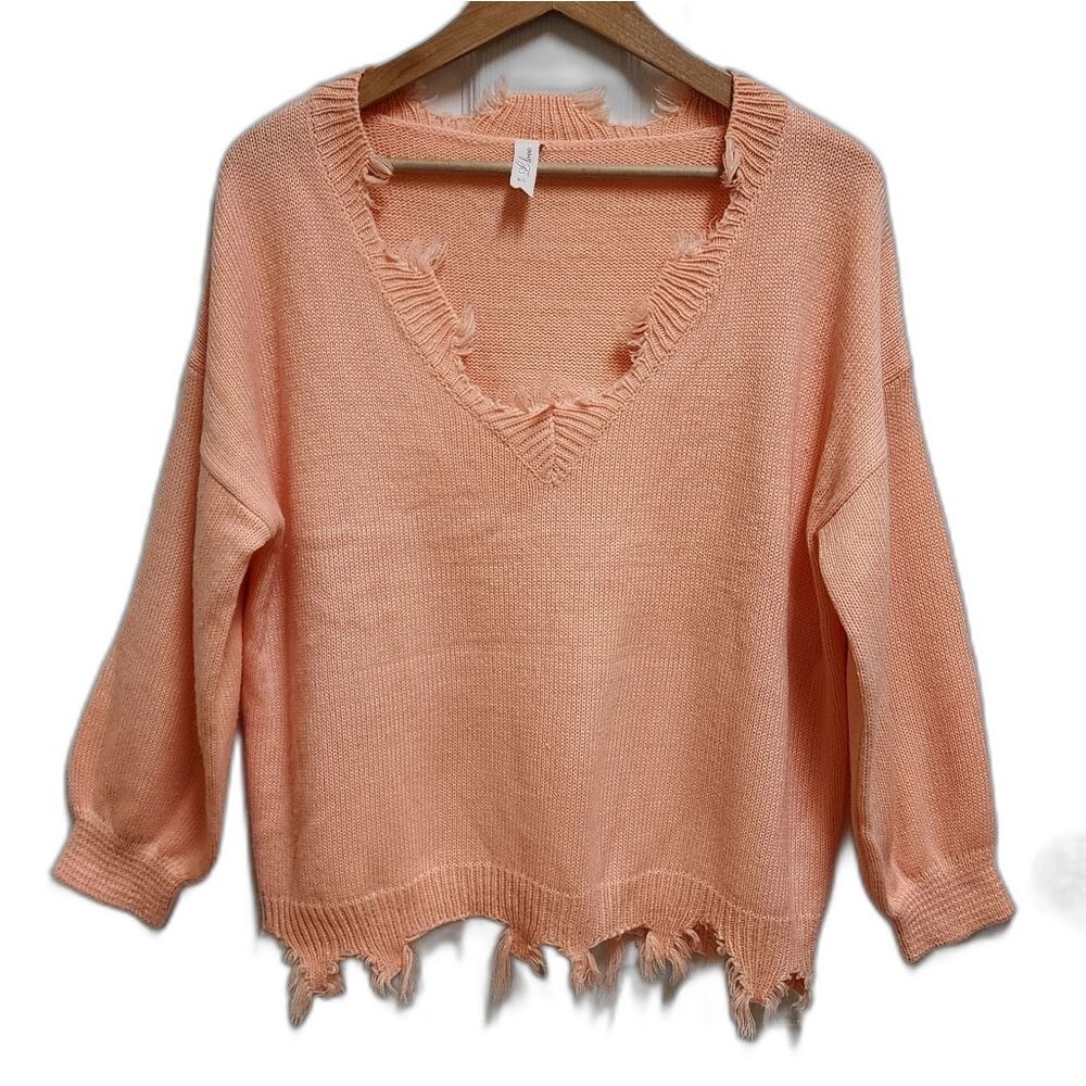 L Love Women Peach Knit V Neck Distressed Chewed Long Slv Sweater Grunge Sz M  L
